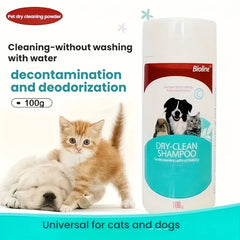 This dry shampoo powder for pets is suitable for cats, dogs, puppies, and other pets. It cleans fur without water, removes odors