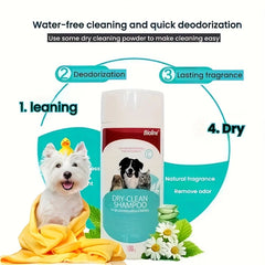 This dry shampoo powder for pets is suitable for cats, dogs, puppies, and other pets. It cleans fur without water, removes odors