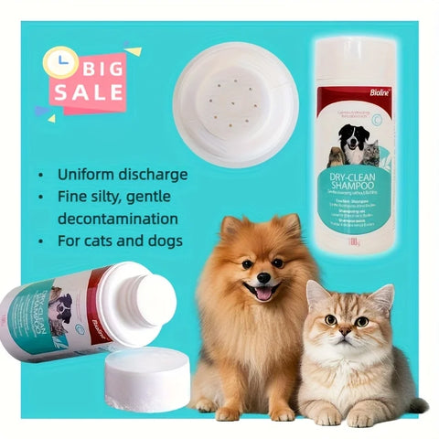This dry shampoo powder for pets is suitable for cats, dogs, puppies, and other pets. It cleans fur without water, removes odors